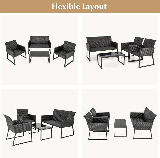 Tangkula 4 Pieces Wicker Patio Furniture Set with Quick Dry Foam, Patiojoy All Weather Resistant Outdoor Conversation Set, for Backyard, Poolside, Deck, Balcony, Garden (1, Mix Brown)