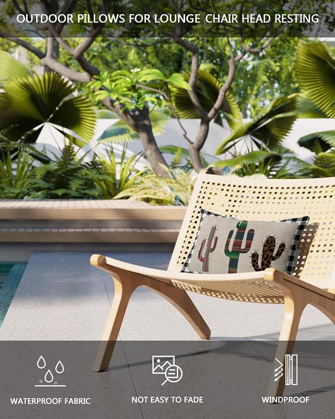 Outdoor Pillows Covers with Inserts Mexico Cactus Black and White Plaid Waterproof Recliner Pillow with Adjustable Strap Throw Pillows for Patio Furniture Pool Lounge Chair, 11x16 inch, 1PCS