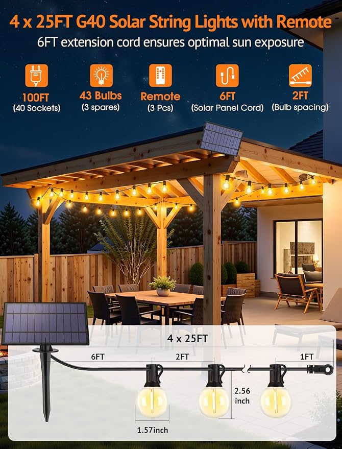 100FT(4x25FT) Solar String Lights with Remote, 43 G40 Bulbs, Black | Solar Powered, Dusk to Dawn, Dimmable, Timer, Memory Function, LED Globe Hanging Lights for Fence Camping Porch