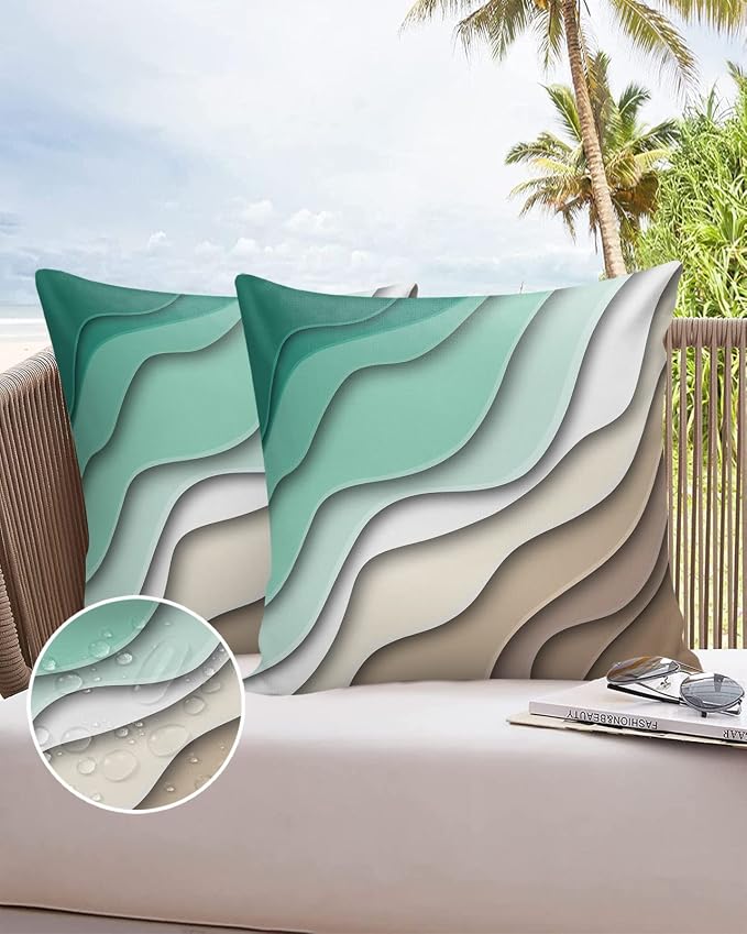 Ombre Abstract Geometry Gradient Green to Brown Outdoor Waterproof Throw Pillow Covers 18 x 18 Inch Set of 2, Pillowcases Decorative Square Cushion Cases for Patio Furniture Couch Porch Garden