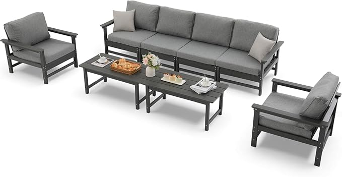 HDPE Outdoor Patio Furniture Set, 8-Piece Sofa Set with 4-Seat Couch, 2 Armchairs & 2 Coffee Tables, Weatherproof Conversation Set with Cushions, All-Weather Waterproof, for Garden, Porch & Backyard