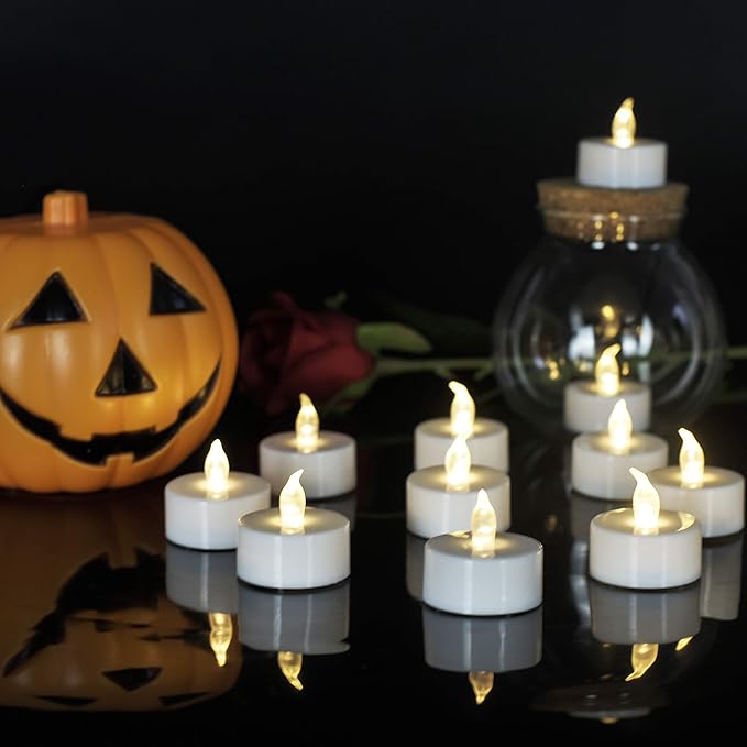 JUNPEI Pack of 24 Flameless Tea Light Candles Realistic Flickering:Battery Long Lasting Warm White Light Lamp Operated Powered for Seasonal & Festival Celebrations