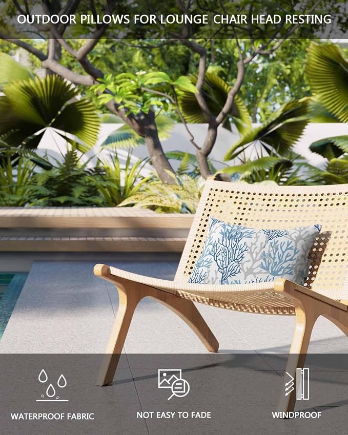 Ocean Coral Outdoor Beach Chair Pillow Headrest for Chaise Lounge Chair,Recliner Head Pillow Waterproof Pillowcases with Elastic Band & Pillow Inserts 11x16(2 PCS) Coastal Summer Watercolor Blue White