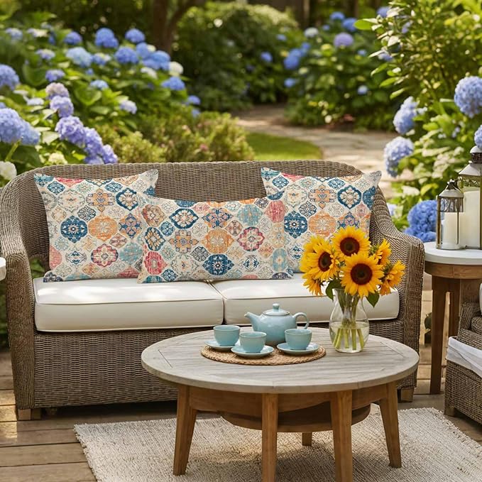 Boho Morocco Waterproof Outdoor Pillow Covers Set of 2 Home Decor, Retro Farmhouse Ethnic Neutral Aesthetic Pillowcase Patio Pillow Covers for Couch Bench Furniture Garden 24x24in