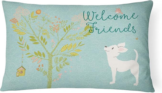Caroline's Treasures BB7629PW1216 Welcome Friends White Chihuahua Canvas Fabric Decorative Pillow Machine Washable, Indoor Outdoor Decorative Pillow for Couch, Bed or Patio, 12HX16W