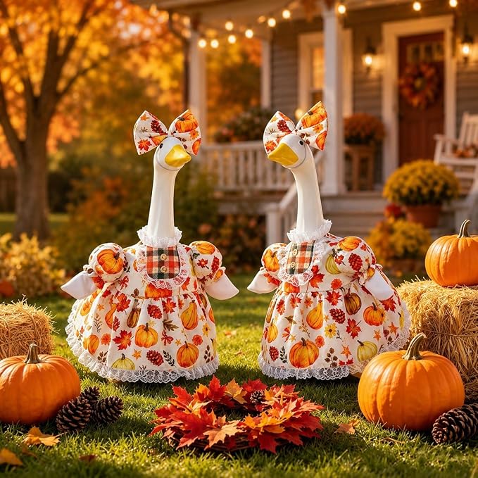 STONESTAR Fall Porch Goose Outfits Autumn Goose Clothes with Pumpkin Dress Bow Headband, Fits 23 Inch Cement Plastic Geese Statues, Thanksgiving Goose Costume for Yard Patio Lawn Outdoor Decor