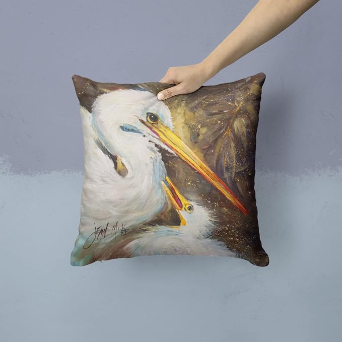 Caroline's Treasures JMK1211PW1414 White Egret Feeding Baby Fabric Decorative Pillow Machine Washable, Indoor Outdoor Decorative Pillow for Couch, Bed or Patio, 14Hx14W