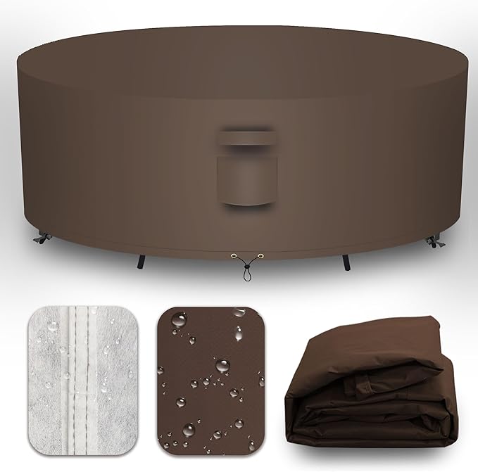 Heavy Duty Patio Furniture Covers Waterproof, 600D Round Outdoor Furniture Cover Waterproof for Sectional Sofa Couch, Outdoor Dining Table and Chair Set Covers 110"DIA x 28"H, Brown