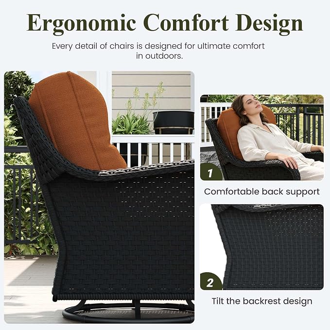 LayinSun 5 Piece Wicker Outdoor Furniture Set with 6-inch Comfy Cushions, High Back Patio Furniture Set with Swivel Rocking Chairs and Fire Pit Table