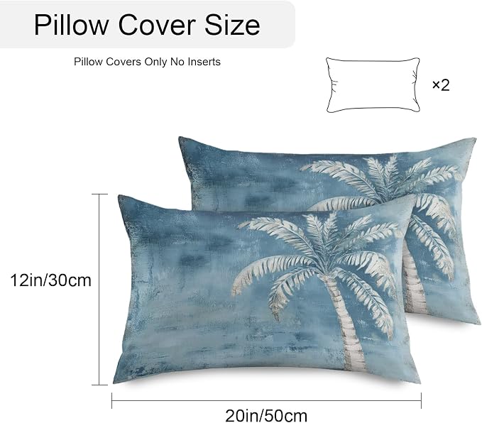 Coastal Beach Tree Blue Grey Outdoor Waterproof Pillow Covers, Vintage Summer Palm Tropical Botanical Decorative Rectangle Throw Pillowcase Sofa Cushion Sham for Patio/Couch/Chair, 20"x12" 2 Pack