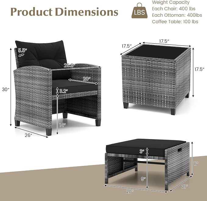 KOTEK 5 Pieces Patio Furniture Set with Ottomans, Wicker Patio Conversation Set with Coffee Table & Cushions, PE Rattan Outdoor Lounge Chairs for Backyard, Porch, Poolside (Mix Grey- Black)