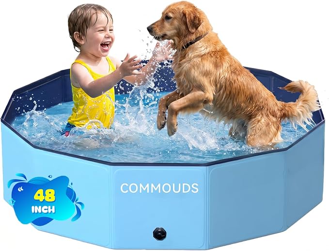 COMMOUDS Foldable Dog Pool, Hard Plastic Dog Kiddie Swimming Pool, Collapsible Pet Bath Tub Wading Pools for Kids and Puppy Small Medium Large Dogs (48inch.D x 12inch.H)