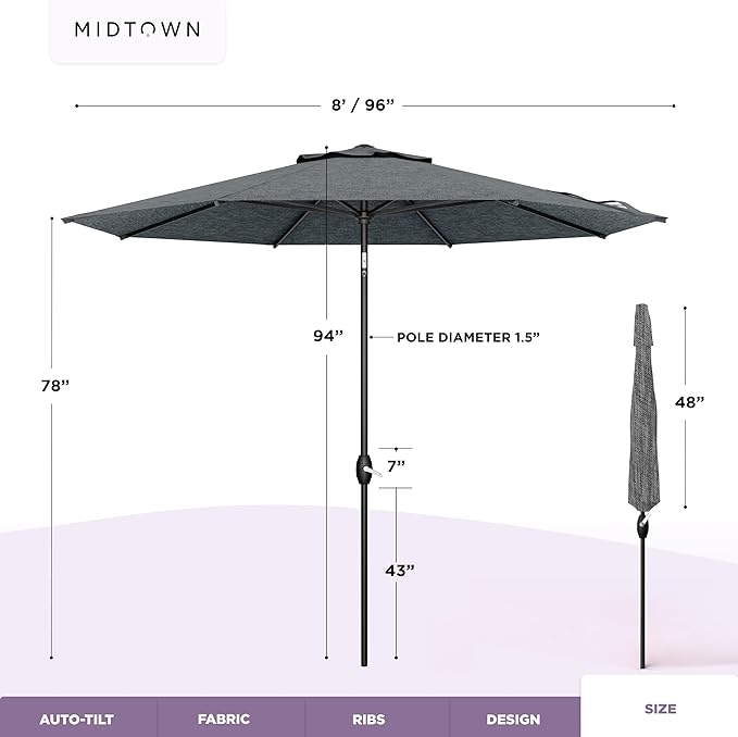 Midtown Umbrellas – The Lean 8 Ft Patio Umbrella with 10-Year-No-Fade Acrylast Acrylic Fabric, Auto-Tilt and 8 Reinforced Ribs for Deck, Pool, Garden, Hotel & Cafes – Stonecast Grey Canopy, Black Pole