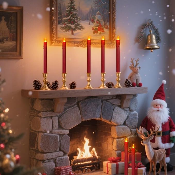 wemarry 6 Pcs Burgundy Flameless Taper Candles with Remote, 10" White Battery Operated Led Candlesticks with Flickering 3D Flame, Fake Taper Candles for Halloween Anniversaries Dinner Home Décor