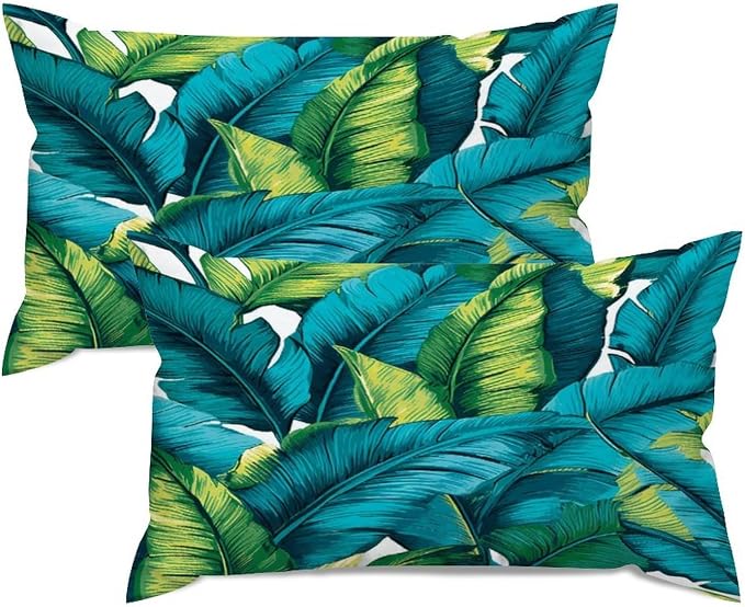 Set of 2 Turquoise Lime Green Teal Blue Aqua Tropical Plants Cushion Cover Case with Zipper 12x20in Canvas Pillow Cover Rectangle Pillow Case for Couch Bed Car Pub Coffee Bar Living Room Decor