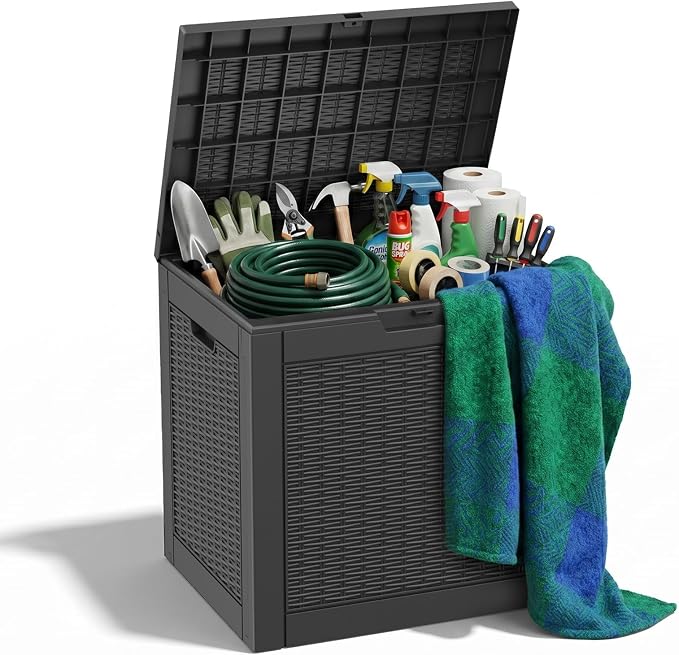 ROJIK 39 Gallon Resin Deck Box, Lockable Waterproof Weatherproof Outdoor Storage Container for Garden Tools, Cushions & Outdoor Accessories（Black