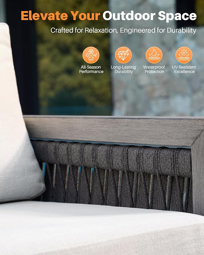 3 Pieces Patio Furniture Set, Outdoor Aluminum Swivel Patio Bistro Set with Washable Cushions, Rope Weave Patio Conversation Set, Outdoor Furniture Set for Garden, Porch, Deck, Pool, Gray Oak