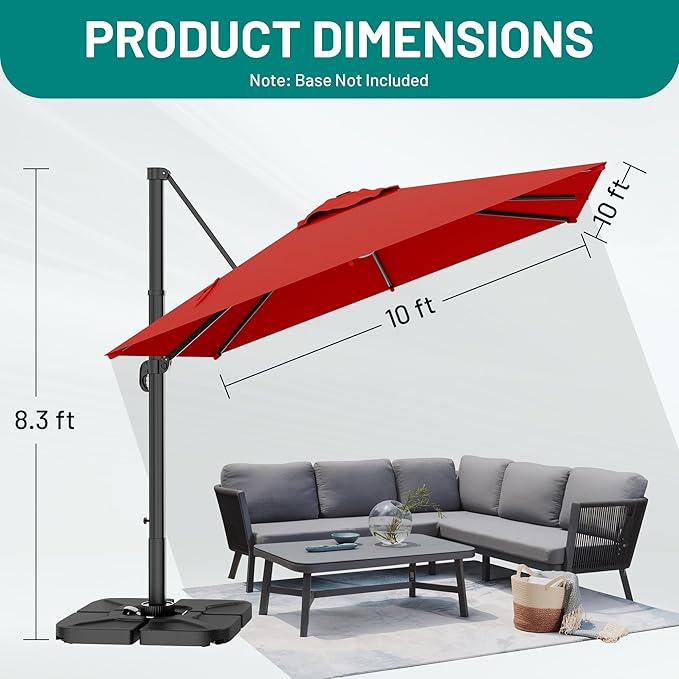 AreShark 10 X 10 FT Cantilever Patio Umbrella, 360-Degree Rotation Square Hanging Offset Umbrella with Crank, Heavy Duty Patio Umbrella for Patio, Pool, Garden, Deck, Red