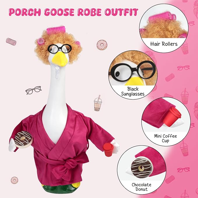 Porch Goose Robe Outfit Set for 23 Inch Goose Statue, Pink Flannel Bathrobe with Wig Curlers Coffee Cup Donut Glasses, Funny Home Relaxing Goose Clothes Decor (Pink)