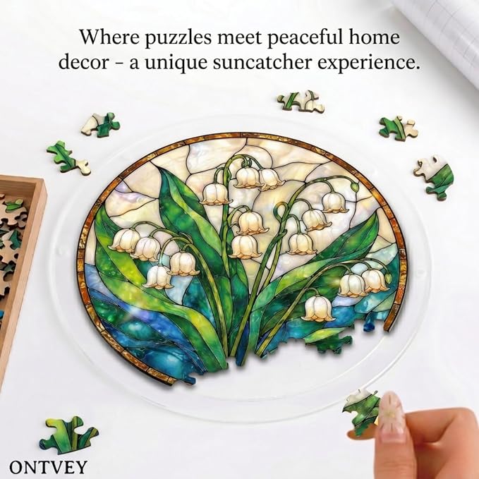 Acrylic Jigsaw Puzzle Suncatcher - Lily of the Valley Puzzle Window Hanging Kit, 83 Irregular Pieces & Hanging Chain - Creative DIY Home Indoor & Garden Decor (7.4 Inch)