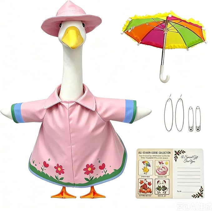 3 Pcs/Set Floral Raincoat Porch Goose Outfits: Pink Lawn Goose Statue Rain Coat Costume with Umbrella Hat - Spring Yard Goose Clothes for 23 Inch Goose Statue - Patio Garden Porch Lawn Outdoor Decor