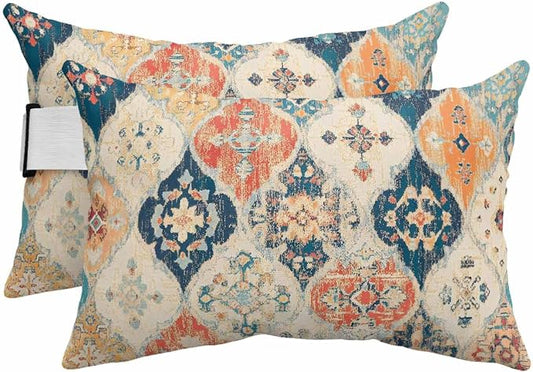 Pack of 2 Outdoor Lumbar Cushions with Inserts, Boho Vintage Abstract Art Rustic Morocco Texture Waterproof Fluffy Fade Body Pillows, Patio Furniture Pillow for Home Balcony Garden Decor 12x20IN