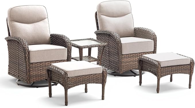 5 Pieces Luxury Patio Furniture Sets with 6-Inch Thick Cushions, High Back Swivel Outdoor Rocking Chairs Set of 2 with Multifunctional Ottoman, Wicker Conversation Set for Porch Garden, Beige