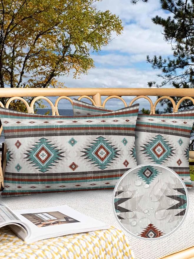 Outdoor Waterproof Throw Pillow Covers Set of 2 Teal Red Boho Aztec Lumbar Pillowcases 20x12 Inches Southwest Tribal Geometric Patio Decorative Pillows Cushion Case Patio Pillows for Couch Bed Garden