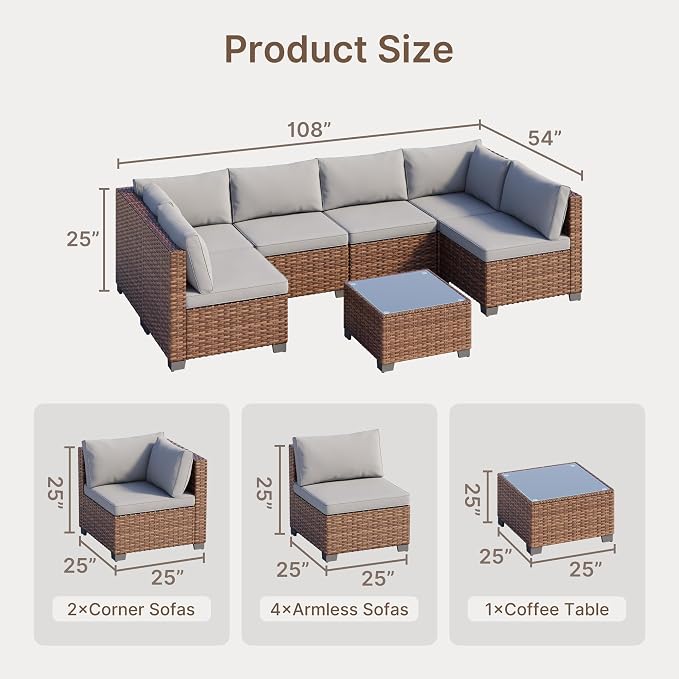 Ahomly 7-Piece Patio Furniture Set, Outdoor Sectional Couch with Water-Resistant Cushions & Coffee Table, PE Rattan Outdoor Patio Sofa Set for Backyard, Deck, Garden, or Porch, Grey