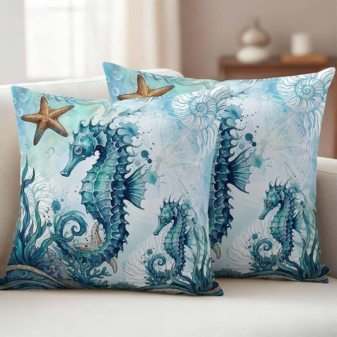 Ocean Seahorses Outdoor Pillow Covers 16x16 Inch Throw Pillow Covers Set of 2 Waterproof Decorative Pillow Cases Coastal Animals Seaweed Strafish Compass Blue Cushion Covers for Patio Furniture Garden