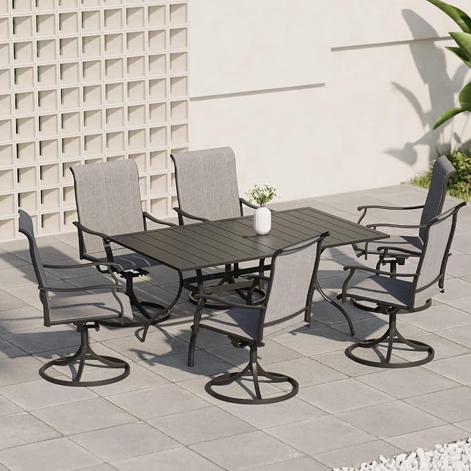 Anmutig 7-Piece Outdoor Dining Set, 6 Swivel Patio Chairs & 60'' Rectangular Dining Table with All Weather Frame Furniture Set - Grey Style1