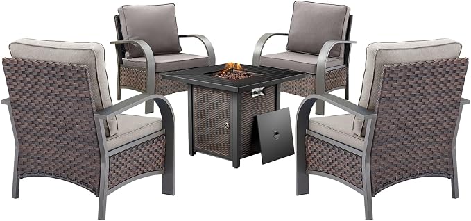 HUMMUH Patio Furniture Set with Fire Pit Table-Patio Chairs Set of 4 Outdoor Wicker Chairs for Deck Porch Garden Poolside Backyard-Brown/Grey