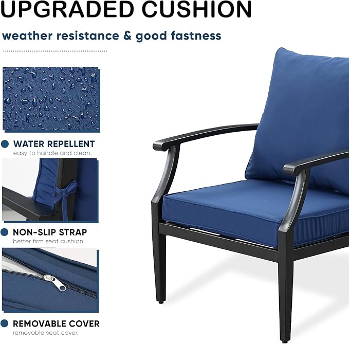 4 Piece Outdoor Patio Furniture Set, Oversized Metal Conversation Set with High Back & Deep Seating, Water-Repellent Cushions, Coffee Table for Porch, Deck, Backyard, Navy