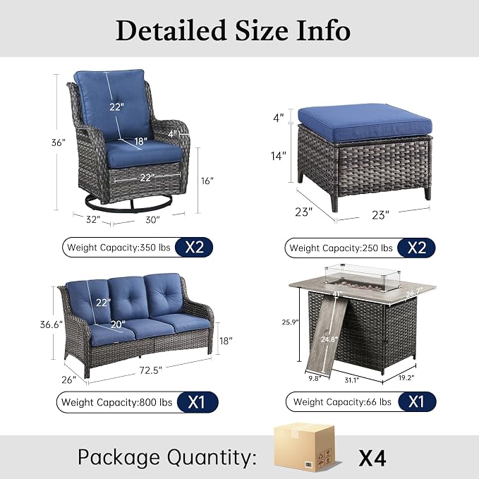 Patio Furniture Set with 41" Fire Pit Table - High Back Patio Conversation Set with 4 Inch Thick Cushions and Deep Seating Swivel Glider Chairs & Outdoor Couch for Porch Deck Yard Pool Brown
