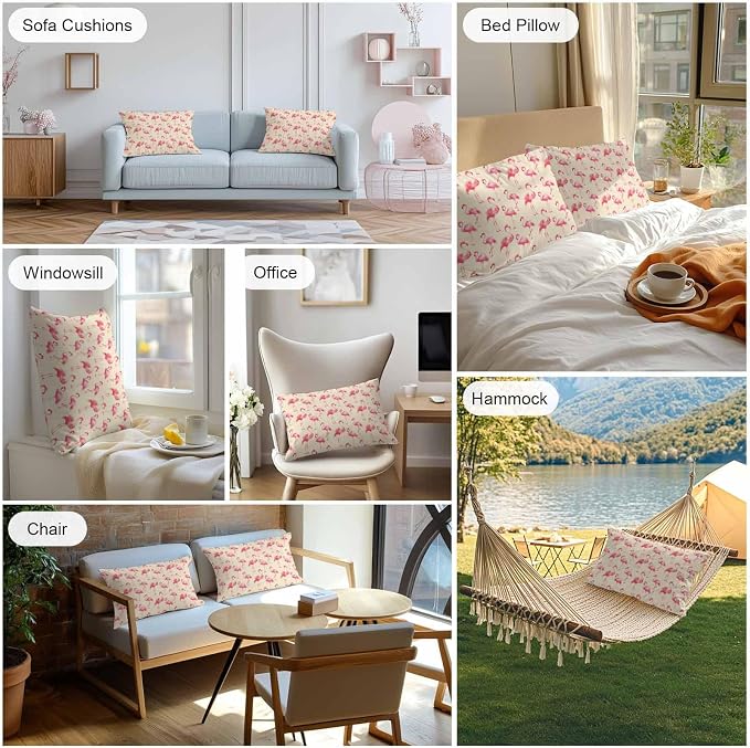 Pink Flamingo Outdoor Pillow Covers 20x12 Inch Lumbar Pillow Covers Set of 2 Waterproof Decorative Throw Pillow Cases Summer Animals Rustic Cushion Covers for Patio Furniture Garden Couch Sofa