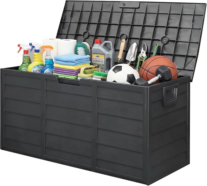 75 Gallon Resin Deck Box, Waterproof Anti-UV Lockable Outdoor Storage Bin for Patio Furniture Garden Tools, Heavy Duty Indoor Package Delivery Deck Boxes for Pillows Pool Cushions, Black