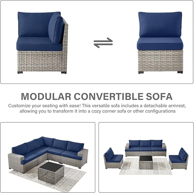 Modular Outdoor Couch Wicker Patio Sofa - High Backrest Wicker Sofa with Removable 4” Cushions All-Weather 3 Seater Seating Patio Couch for Deck Proch Balcony Backyard
