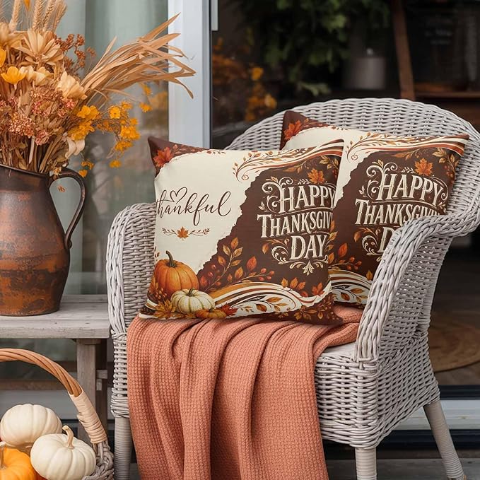 Thanksgiving Throw Pillow Covers 20x20 Inch Set of 2, Fall Pumpkins Waterproof Outdoor Pillow Covers, Maple Leaves Vintage Autumn Decorative Cushion Pillowcases for Couch, Sofa, Bed, Garden, Patio