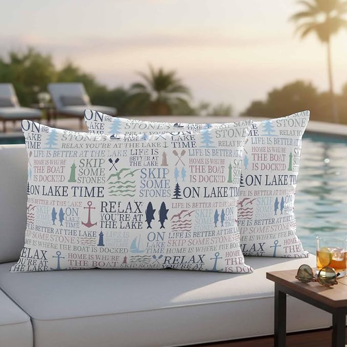 Lake Life Outdoor Pillow Covers Set of 2 Colorful Word Pine Tree Boat Paddle Lighthouse Fish Waterproof Throw Pillow Cover Decorative Cushion Cases for Patio Porch Garden 20X12 Inch