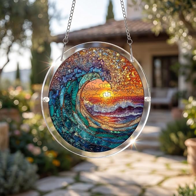 Acrylic Puzzle Suncatcher, Ocean and Sun Stained Glass Window Hanging, Sun Catcher Puzzle Kit Home Garden Decor, Creative Mothers Day and Birthdays Gifts for Mom, Wife, Sisters, 7.87 inch