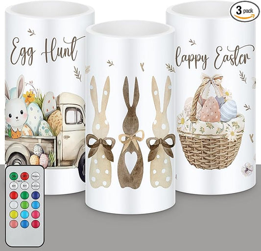 Retisee 3 Pcs Farmhouse Easter Flameless LED Candles Battery Operated Bunny Spring Flickering Pillar Candles with Remote Rabbit Happy Easter Centerpiece for Bedroom Living Room Dinner Table Decoration