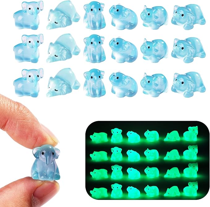 60 pcs Mini Resin Elephant Many Styles Variety Tiny Luminous Animals Figures Miniature Little Small Animal Figurines Bulk for Micro Fairy Garden Landscape Accessories Hide Crafts Decor Aquarium