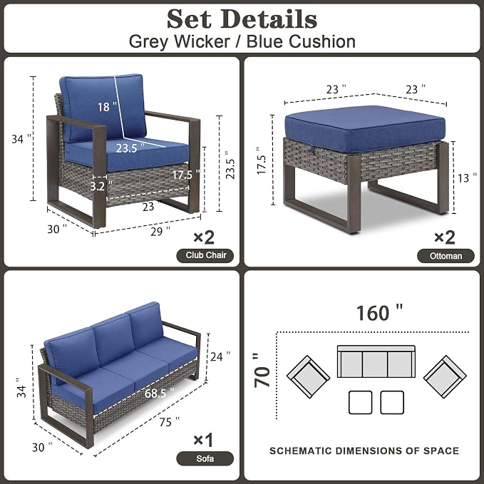 Belord 5 Piece Outdoor Wicker Patio Conversation Furniture Set Deep Seating, Metal Wide Armrests Patio Sofa Set with Rattan Chairs Ottomans for Porch Deck Sunroom Backyard