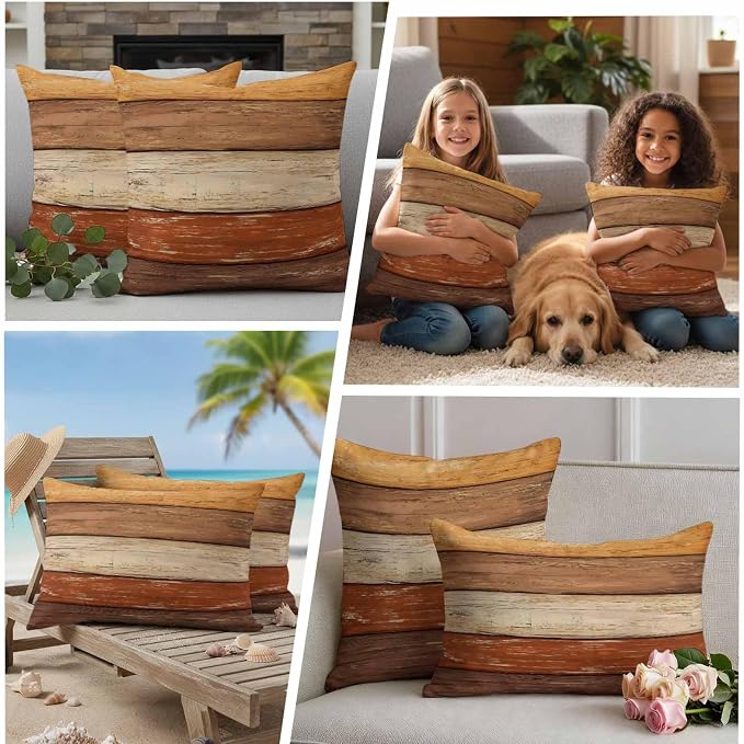 Farmhouse Burnt Orange Brown Outdoor Waterproof Pillow Covers, Vintage Wooden Striped Decorative Square Throw Pillowcase Sofa Cushion Sham for Patio/Couch/Chair, 16"x16" 2 Pack