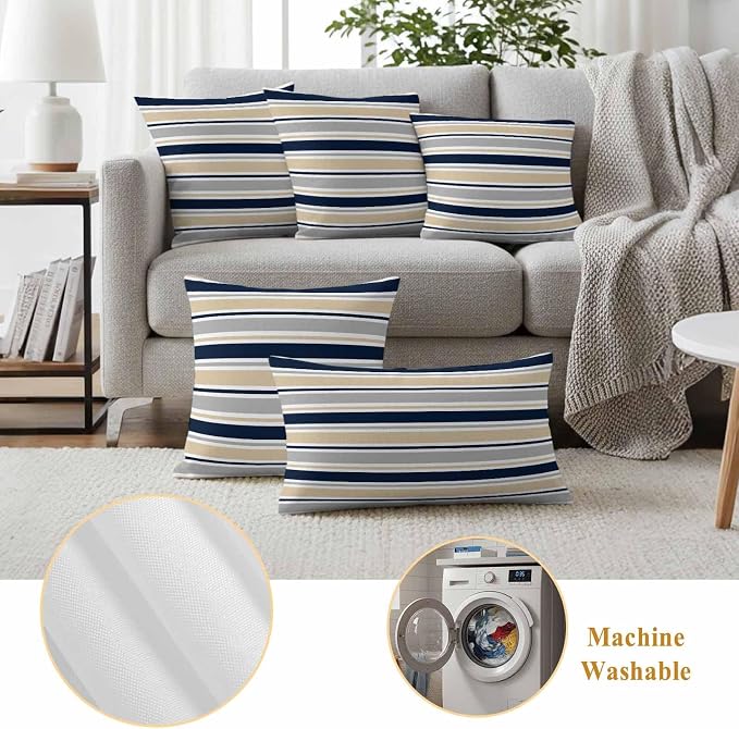Beige Navy Blue Striped Outdoor Pillow Cover 24x24 Inch Cushion Sham Case, Farmhouse Stripes Modern Abstract Art Waterproof Decorative Square Throw Pillowcase for Outside Garden Patio Porch Couch