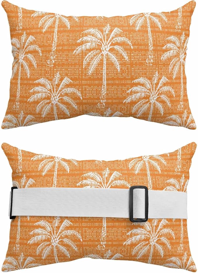 Outdoor Pillow for Chaise Lounge Chair Orange Palm Tree Summer Headrest Pillow with Adjustable Elastic Strap Set of 2,11x16 inch, Tropical Plant Retro Boho Waterproof Head Pillows for Patio Pool