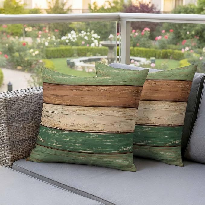 Farmhouse Dark Sage Green Brown Outdoor Waterproof Pillow Covers, Vintage Wooden Striped Decorative Square Throw Pillowcase Sofa Cushion Sham for Patio/Couch/Chair, 20"x20" 2 Pack