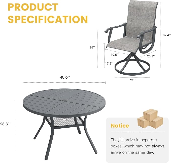 VICLLAX Patio Dining Set for 4, 5 Pieces All Weather Outdoor Dining Set - 40.6" Round Outdoor Table and 4 Patio Swivel Chairs for Lawn Garden, Grey Tabletop and Grey Fabric