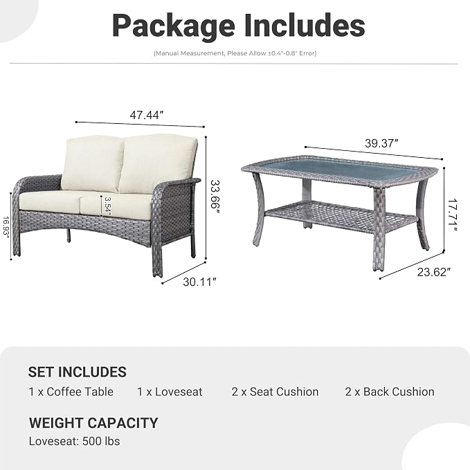 ovios 2-Piece Patio Furniture Set, Outdoor Wicker Sofa with Coffee Table, High Back Rattan Couch Loveseat with Comfy Cushions for Porch Yard Deck, Beige