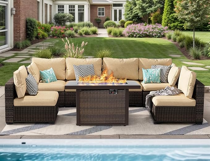 7 Pieces Patio Furniture Set with 44" Fire Pit Table, Rattan Outdoor Sectional Conversation Sets, All Weather Outdoor Furniture Set with Cushions for Garden Lawn Balcony Porch Deck Beige
